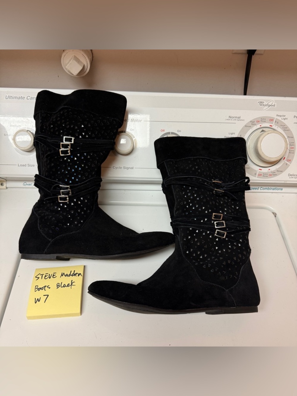 Steve Madden W7 Black Suede leather Mid-Calf Lace-Up Boots with Buckle Detail